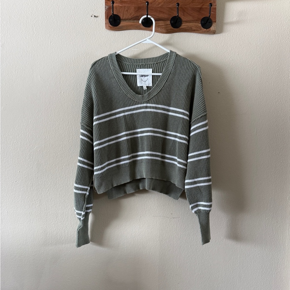 Aerie Olive Green White 100% Cotton Striped Knit Oversized Sweater size S
